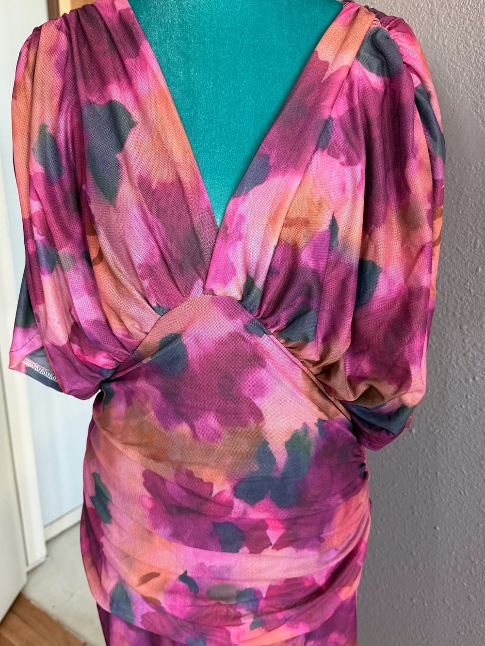 Pink Multi-Color V-Neck Ruched Midi Dress - Picture 3 of 7